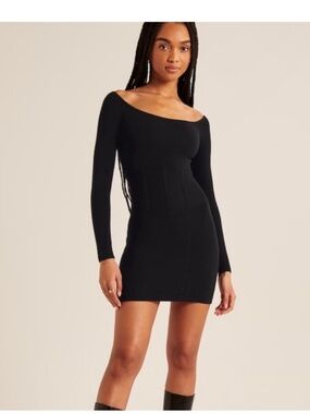 Abercrombie & Fitch Black Off-the-Shoulder Corset Long-Sleeve Mini Dress